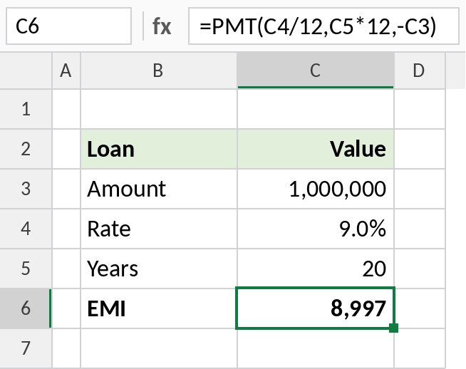 Excel PMT calculating the monthly EMI for a 20-year loan at 9 percent