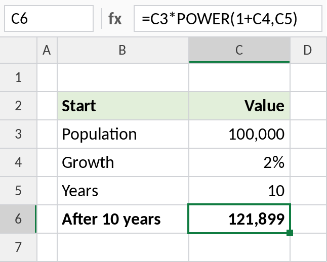 Excel POWER calculating population growth over ten years