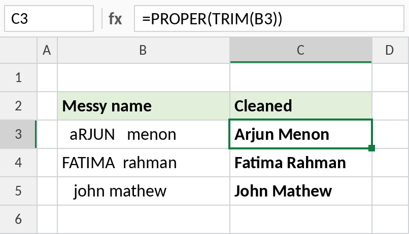 Excel PROPER and TRIM cleaning names with extra spaces and odd capitals