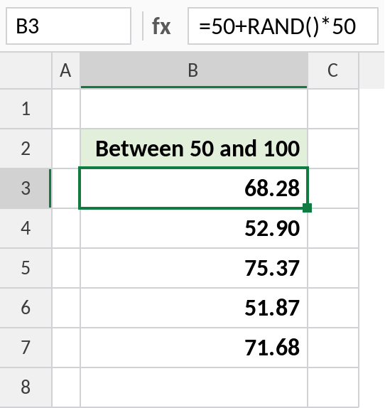 Excel RAND generating random decimals between 50 and 100