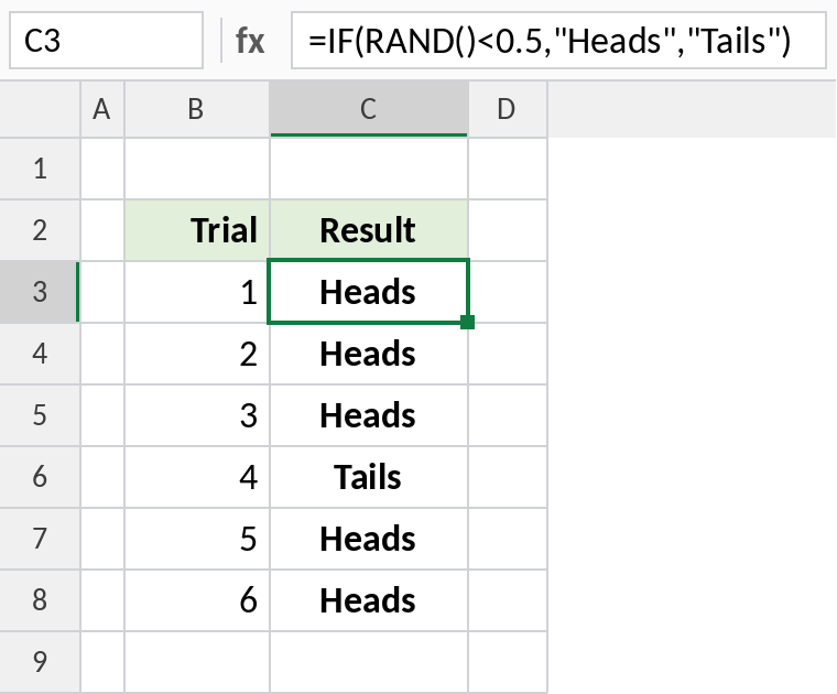 Excel IF and RAND simulating coin tosses