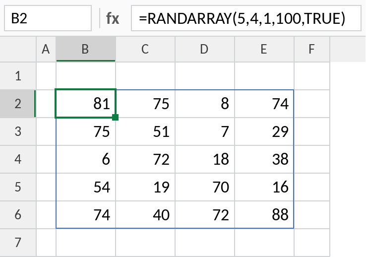 Excel RANDARRAY filling a 5 by 4 grid with random whole numbers