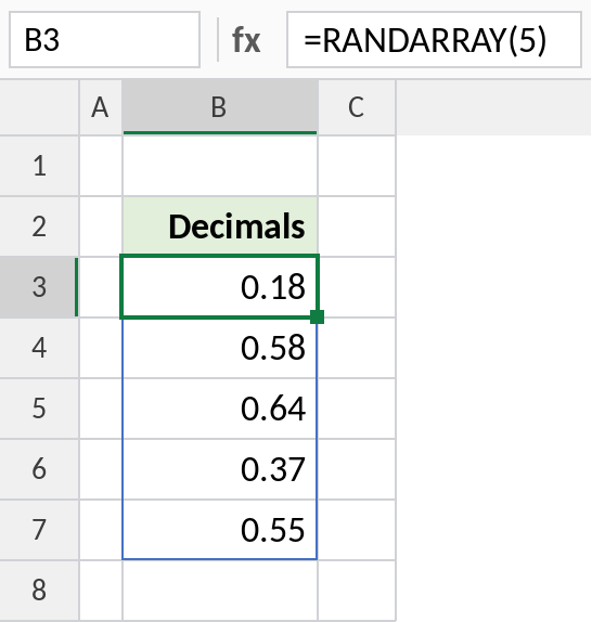 Excel RANDARRAY returning five random decimals