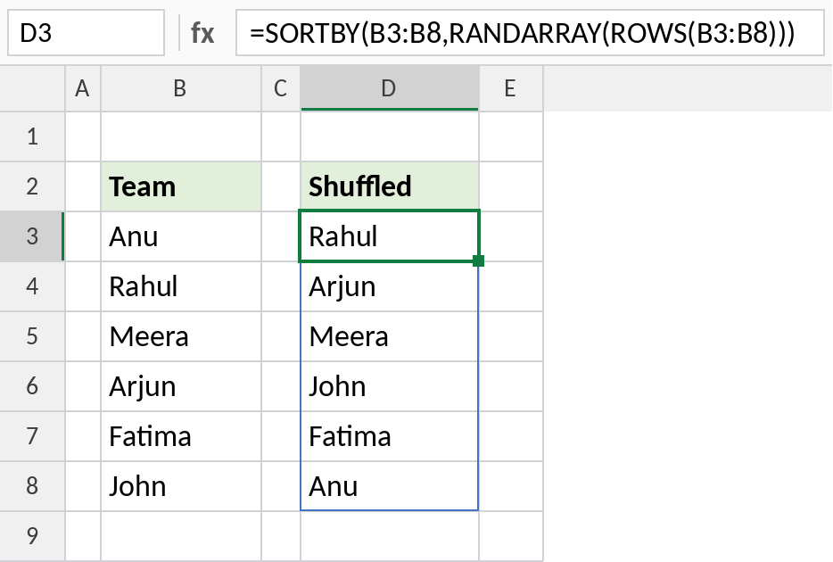 Excel SORTBY and RANDARRAY shuffling a list of names