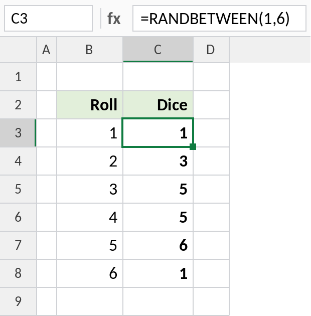 Excel RANDBETWEEN rolling a dice six times