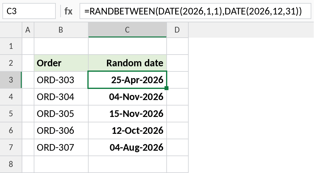 Excel RANDBETWEEN generating random dates within 2026