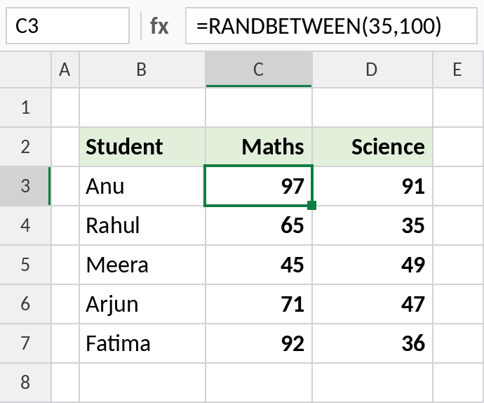Excel RANDBETWEEN generating random marks for test data
