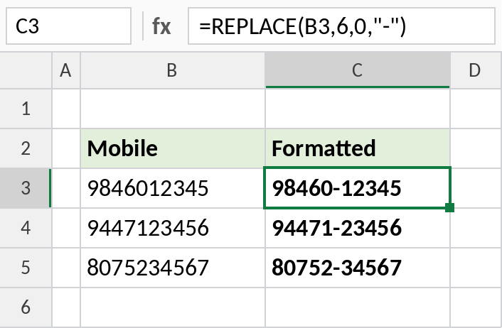 Excel REPLACE inserting a dash into mobile numbers
