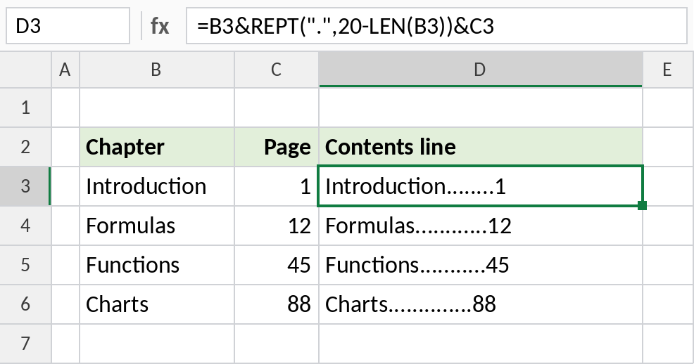 Excel REPT adding dot leaders between chapter names and page numbers