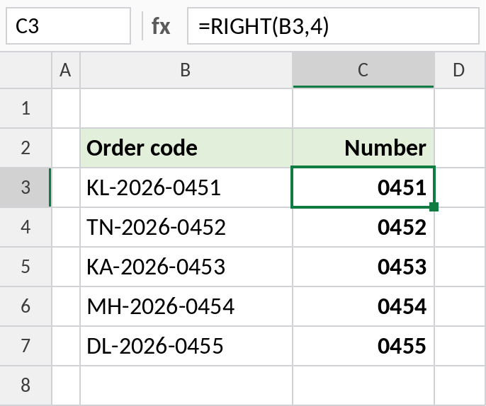 Excel RIGHT extracting the last four digits of order codes