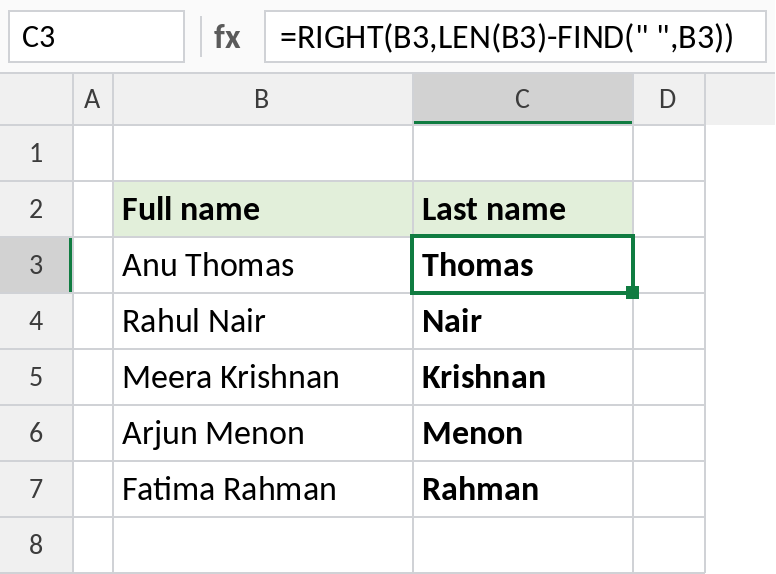 Excel RIGHT with LEN and FIND extracting last names