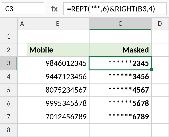 Excel RIGHT and REPT masking mobile numbers to show only the last four digits