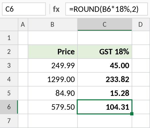 Excel ROUND wrapped around a GST calculation, result rounded to 2 decimals