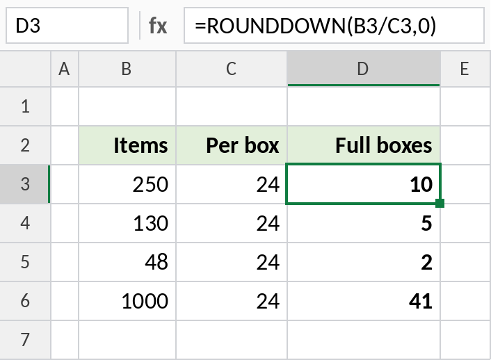Excel ROUNDDOWN calculating full boxes