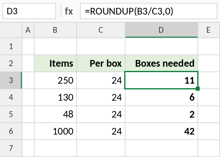 Excel ROUNDUP calculating boxes needed, always rounding up