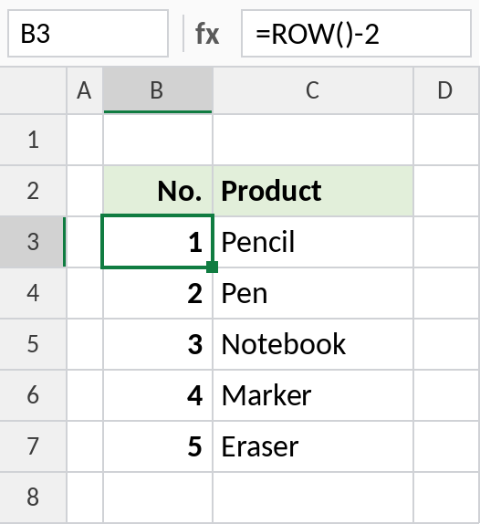 Excel ROW minus 2 creating serial numbers for a list