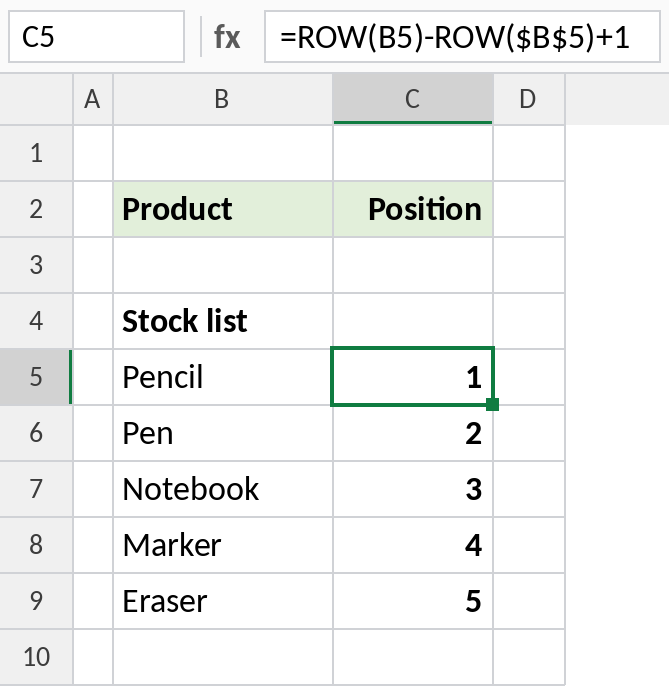 Excel ROW calculating each item's position in a list that starts in row 5