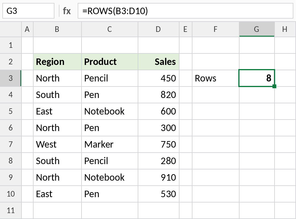 Excel ROWS counting the rows in a data range
