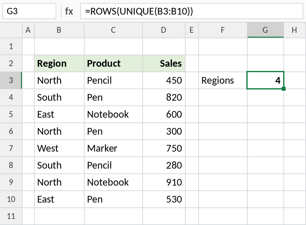 Excel ROWS counting the rows returned by UNIQUE