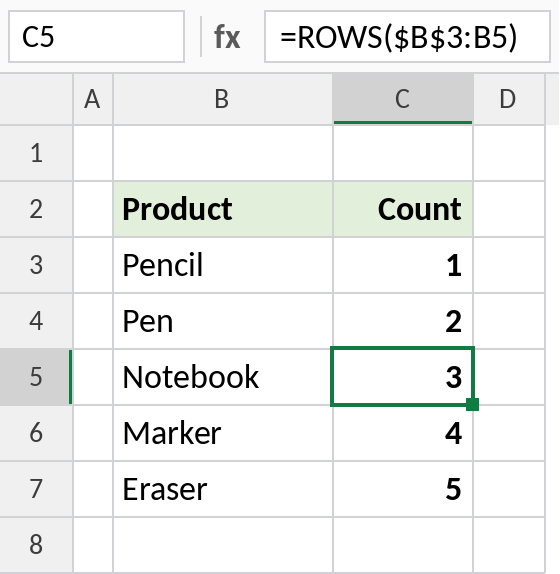 Excel ROWS with an expanding range creating a running count