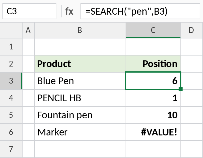 Excel SEARCH finding pen in product names regardless of case
