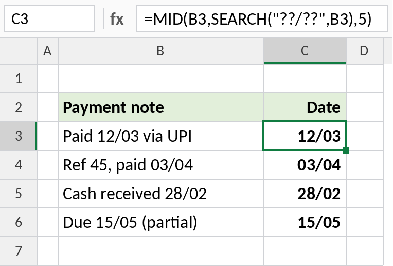 Excel SEARCH with wildcards finding a dd/mm pattern inside text