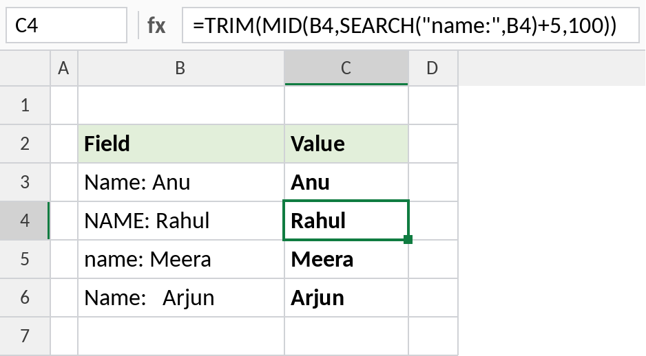 Excel SEARCH and MID extracting text after a keyword regardless of case