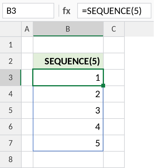 Excel SEQUENCE returning the numbers 1 to 5 down a column