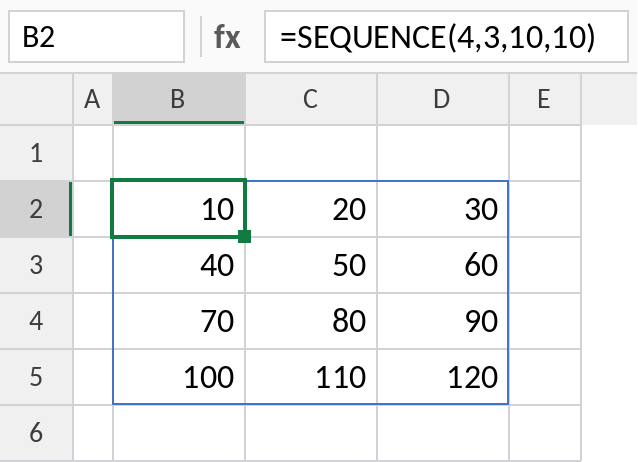 Excel SEQUENCE building a 4 by 3 grid from 10 to 120 in steps of 10
