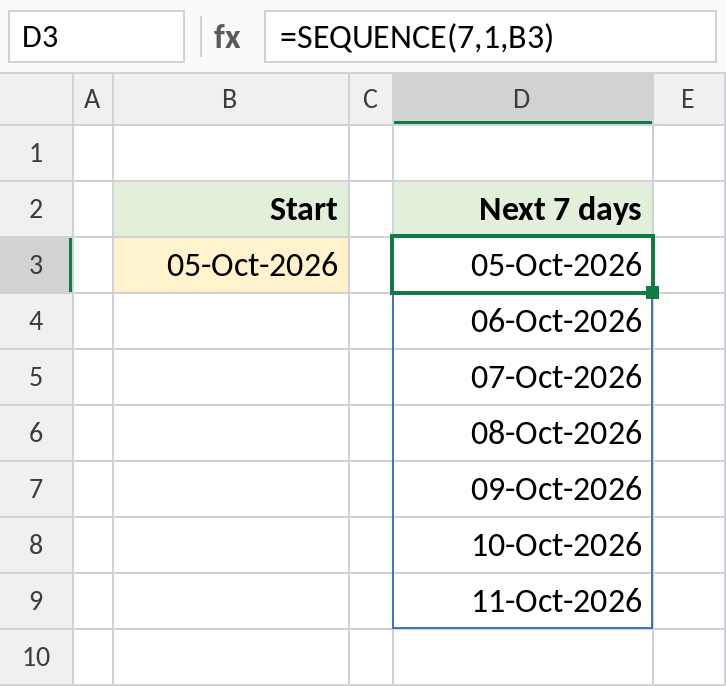 Excel SEQUENCE listing seven dates from a start date