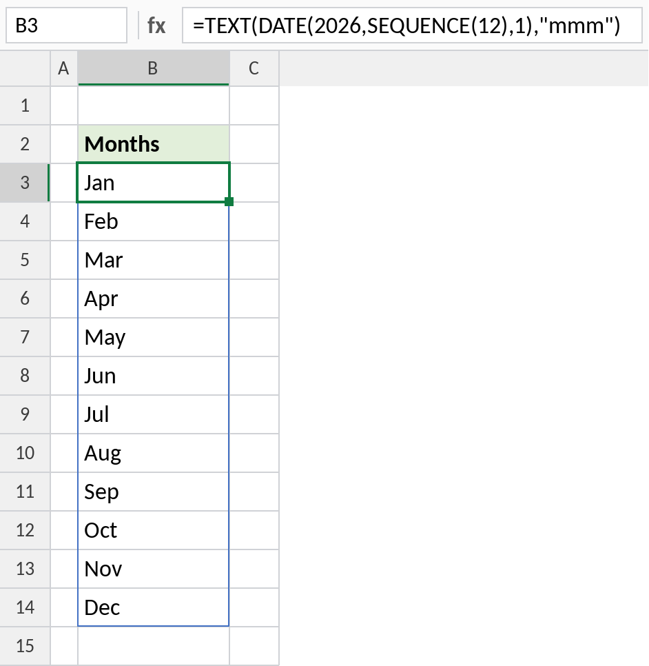 Excel TEXT DATE and SEQUENCE listing the twelve month names