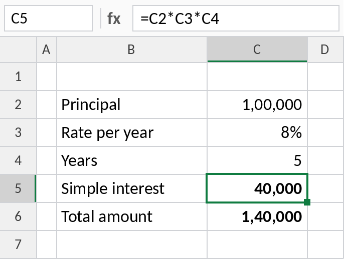 Excel formula calculating simple interest