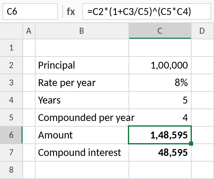 Excel formula calculating compound interest compounded quarterly