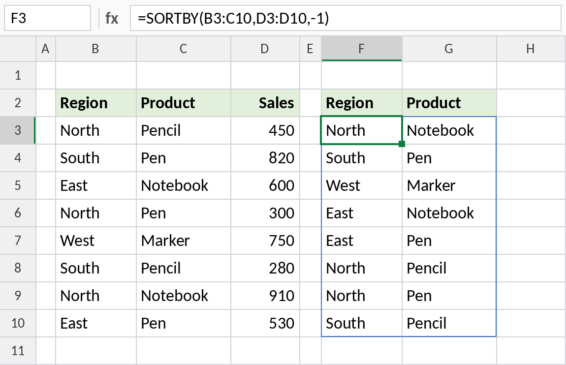 Excel SORTBY returning region and product sorted by sales, without the sales column