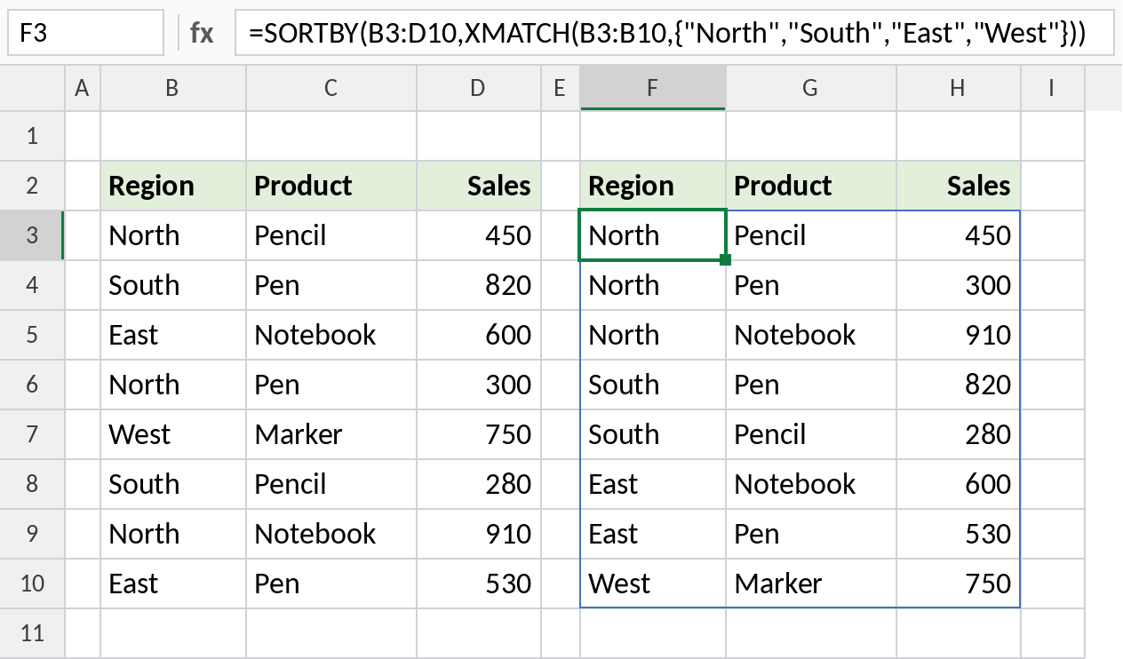 Excel SORTBY with XMATCH sorting regions in a custom order