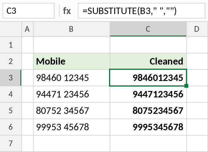 Excel SUBSTITUTE removing spaces from mobile numbers