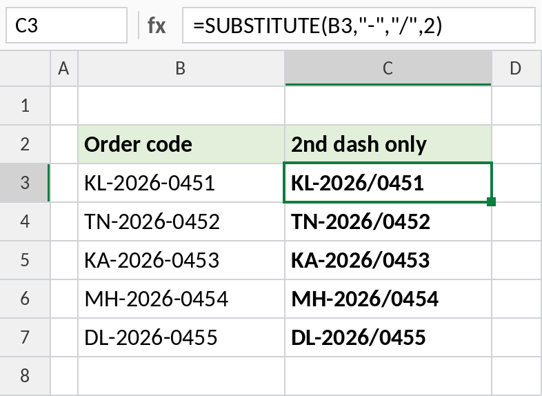 Excel SUBSTITUTE replacing only the second dash