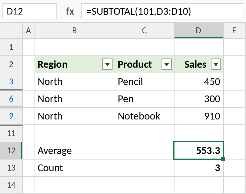 Excel SUBTOTAL averaging and counting only visible filtered rows