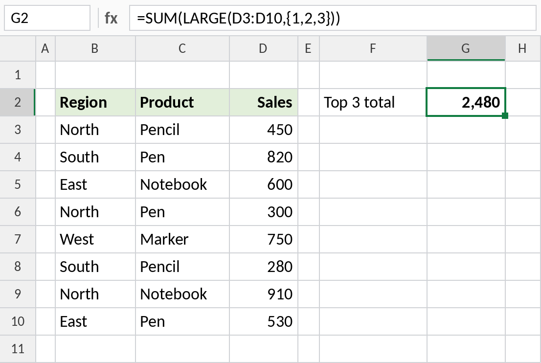 Excel SUM and LARGE adding the top three values