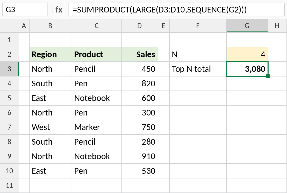 Excel SUMPRODUCT LARGE and SEQUENCE adding the top N values
