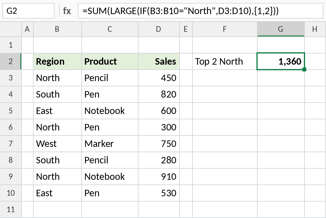 Excel SUM LARGE and IF adding the top two North sales