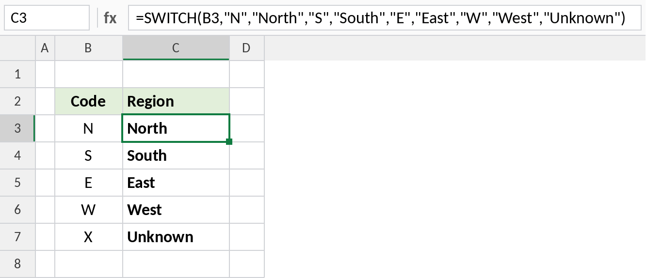 Excel SWITCH converting region codes to names, with Unknown as the default