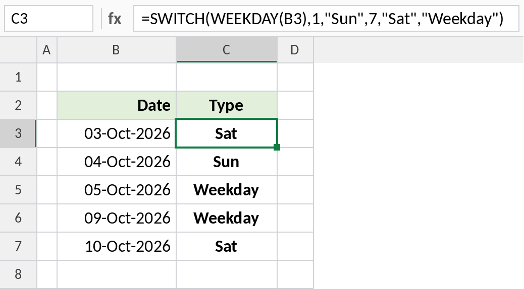 Excel SWITCH with WEEKDAY labelling weekend days