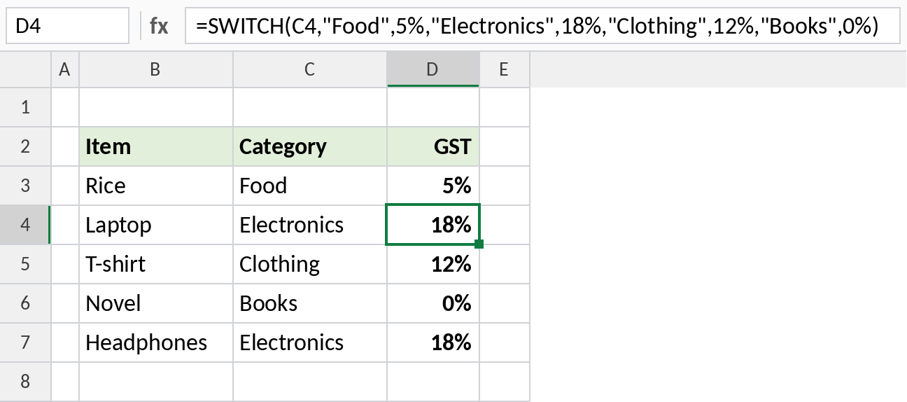 Excel SWITCH returning GST rates by product category