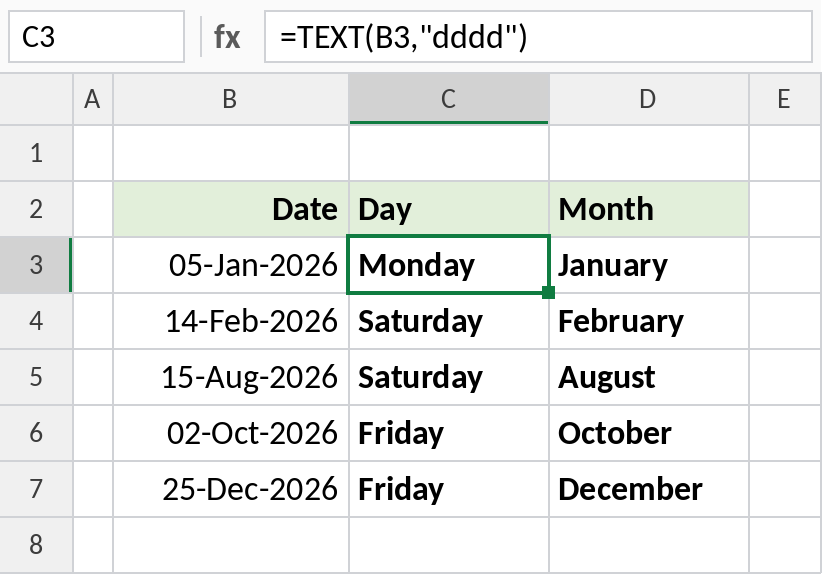 Excel TEXT function returning the day name and month name from dates