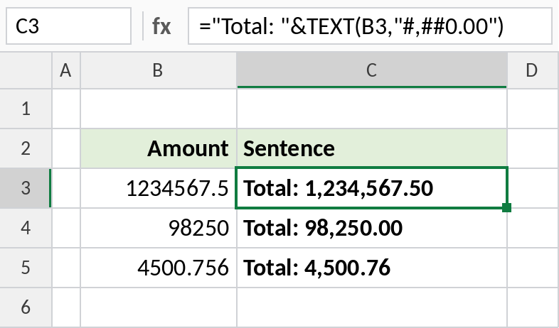 Excel TEXT formatting numbers inside a sentence with commas and two decimals