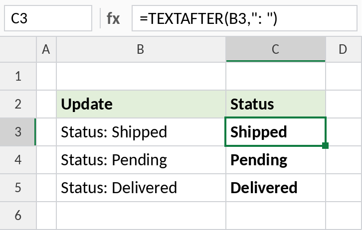 Excel TEXTAFTER extracting the status after a colon