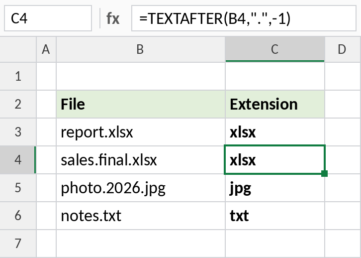 Excel TEXTAFTER with instance -1 returning file extensions