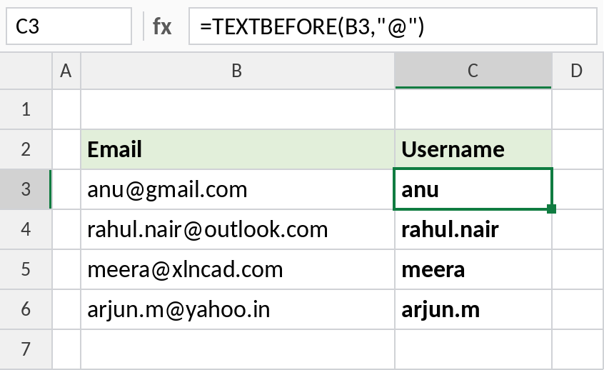Excel TEXTBEFORE extracting the username before the @ sign