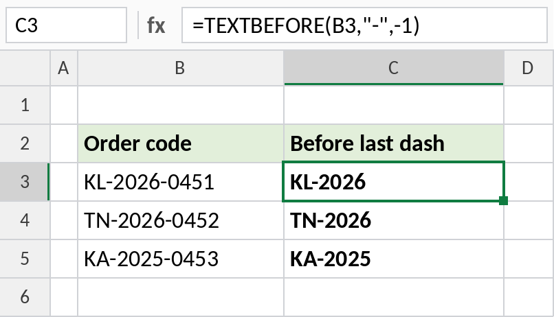 Excel TEXTBEFORE with instance -1 returning text before the last dash